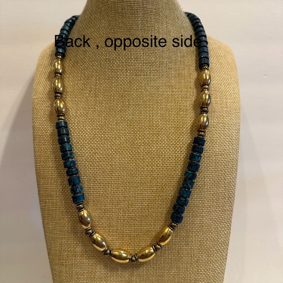 Gorgeous Blue- Green Gemstone Necklace w/ antique gold beads- Apatite tube beads - Picture 9 of 11